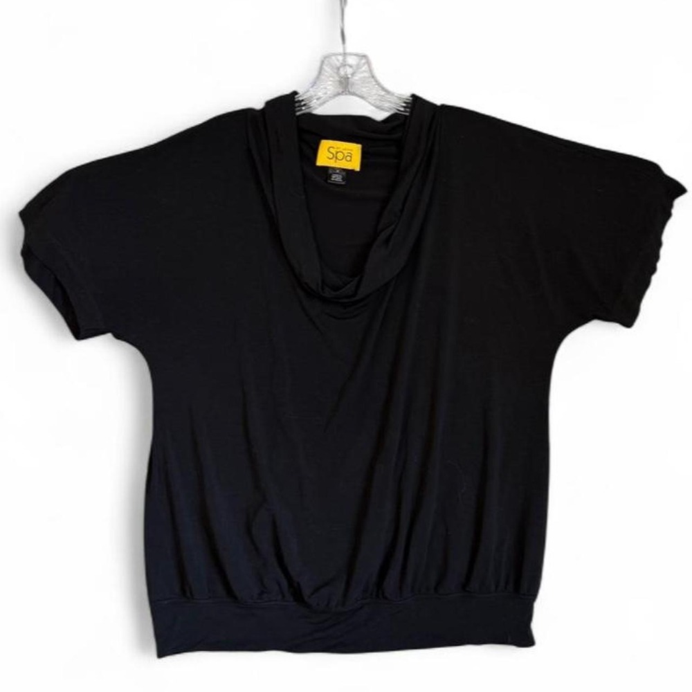 ST. JOHN SPA Black Cowl Neck Short Sleeve Top Size M Viscose Blend Luxury RARE